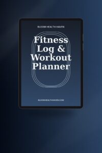 Fitness Log & Workout Planner cover — 12 weeks of workout logs, body measurements, Bloom Health Haven