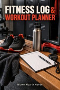 Fitness Log & Workout Planner cover - clear title digital download from Bloom Health Haven
